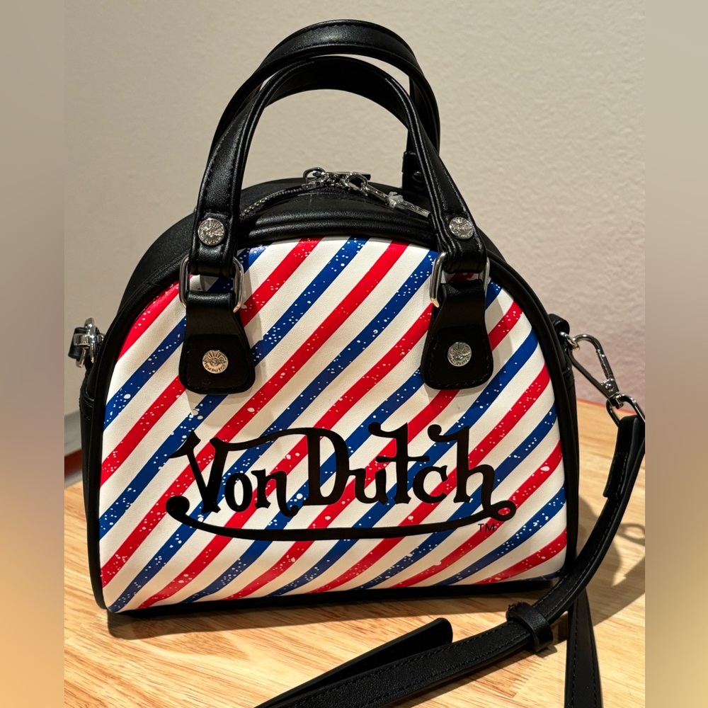 Von Dutch bowling bag tote purse barbershop stripe